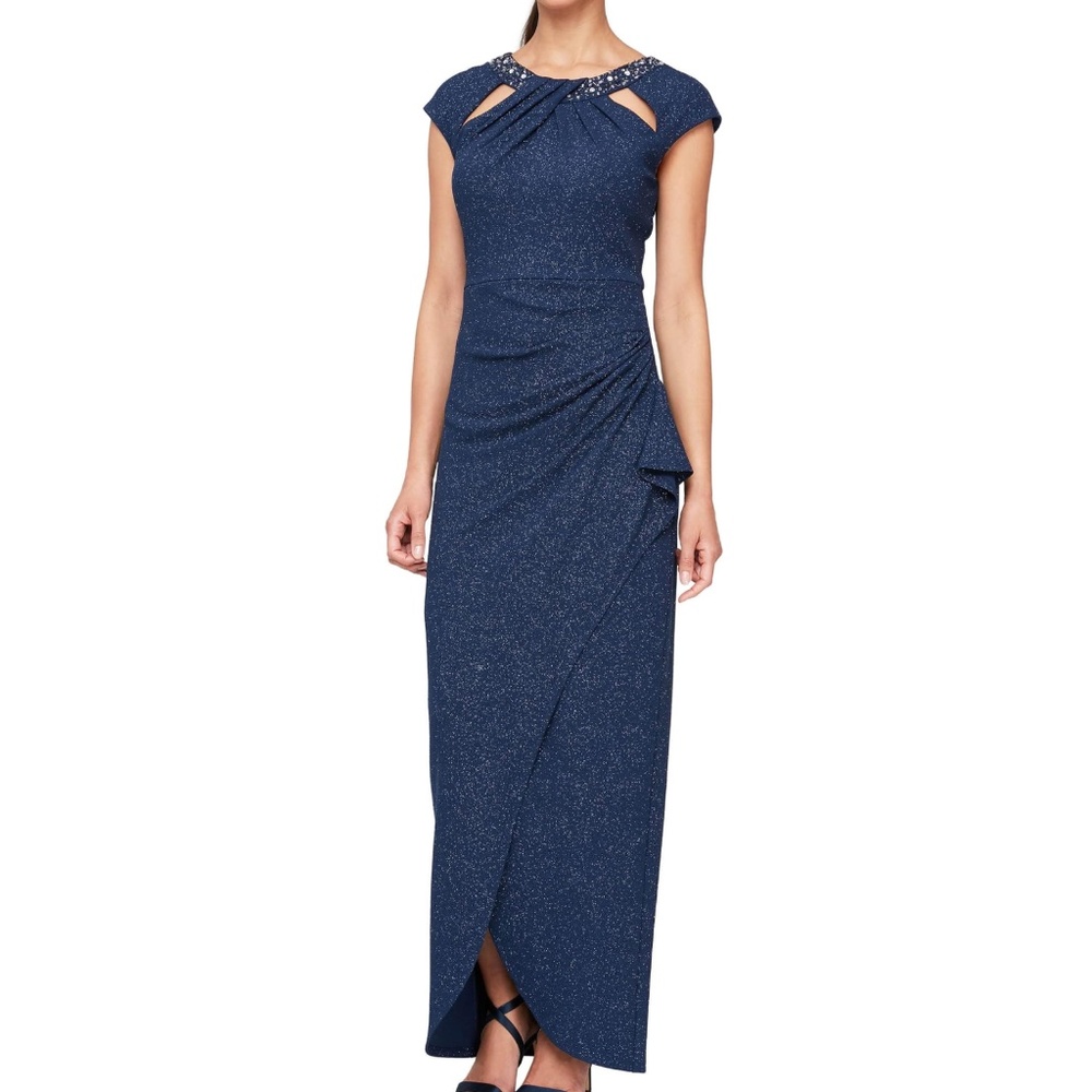SLNY‎ - Beaded Neckline Faux Wrap Gown